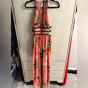 Flowy Floral Print Maxi with Side Cutouts and Black Accents, Size S